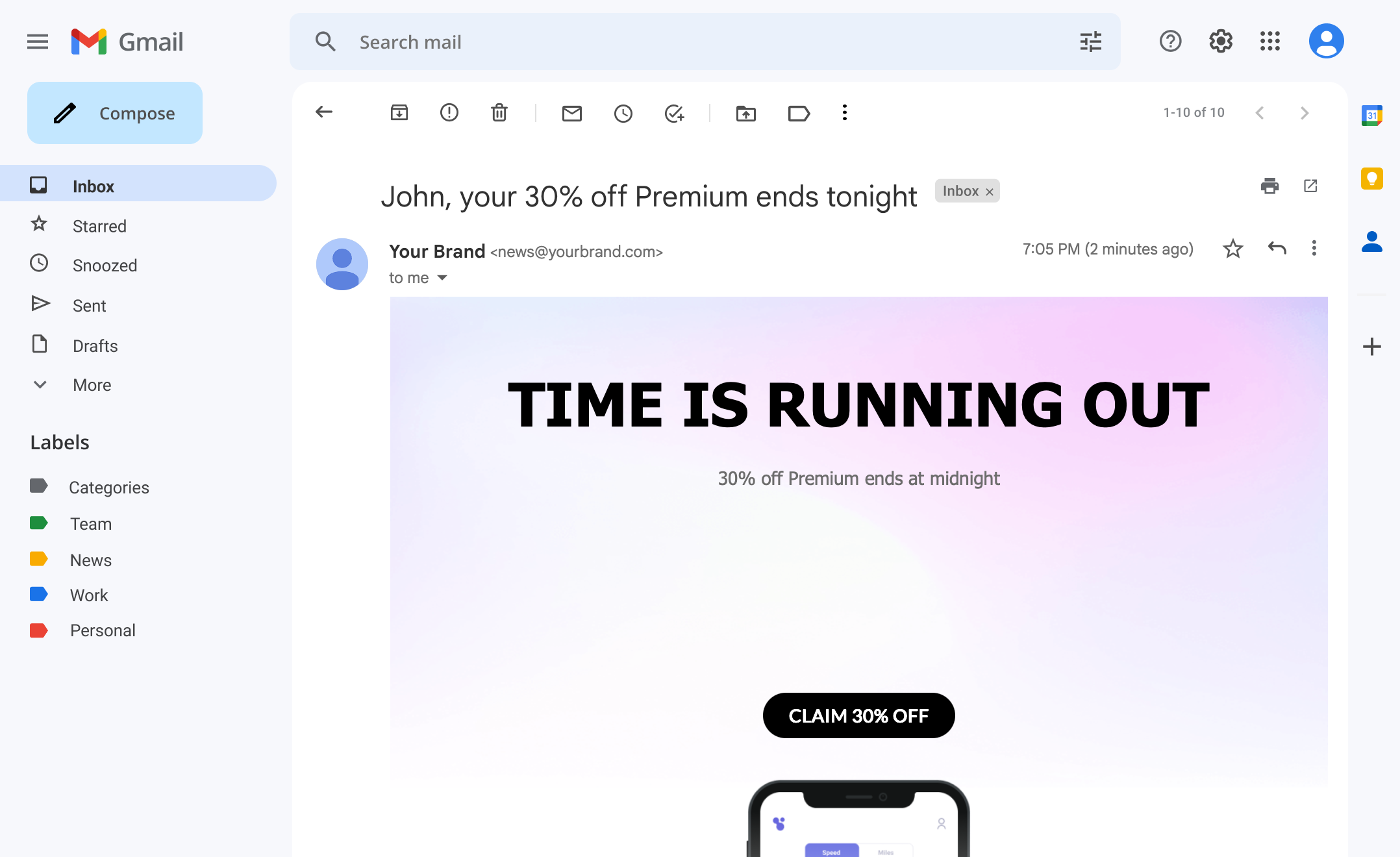 Email inbox showing countdown timer in promotional campaign