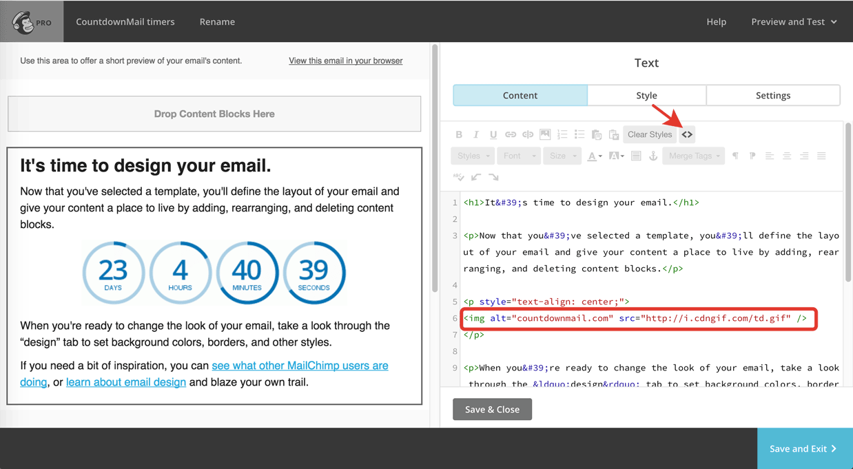 Adding a countdown timer in MailChimp use a Drag and Drop Editor