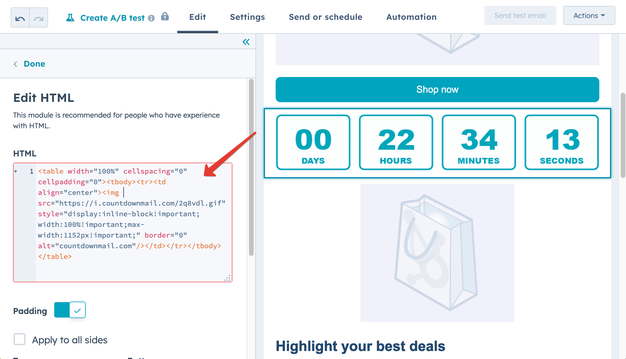 Adding a countdown timer in hubspot campaigns